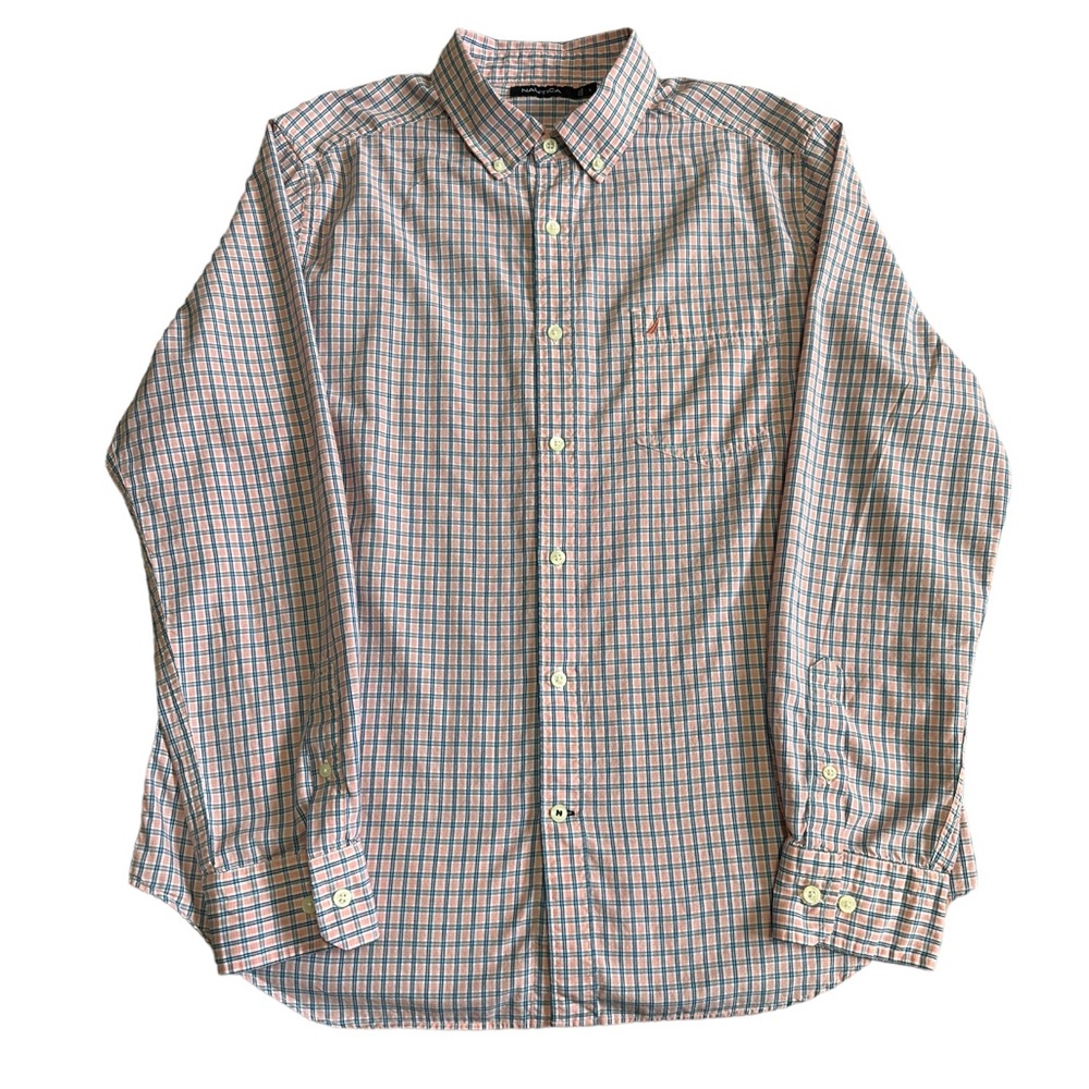 Nautica Button Down Size L Cotton Checked Pattern Career Wear Business Casual